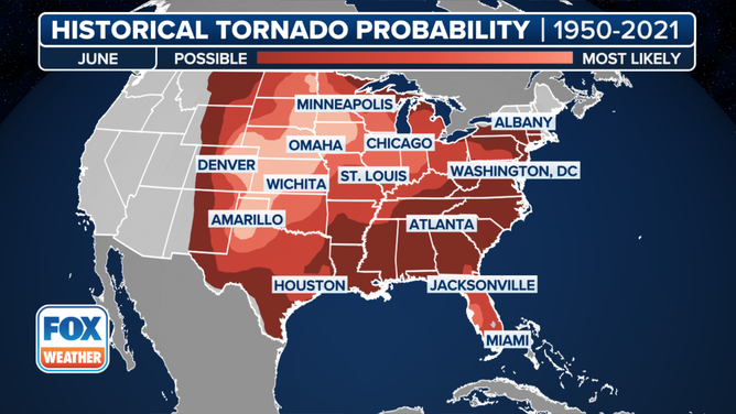 This graphic shows the historic tornado probability in June.