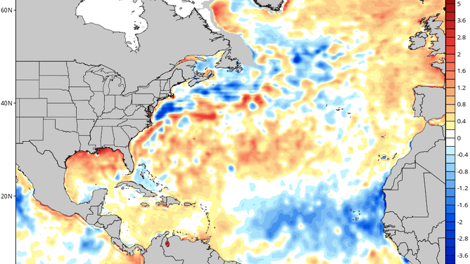 Water temperature anomalies in the Atlantic basin.