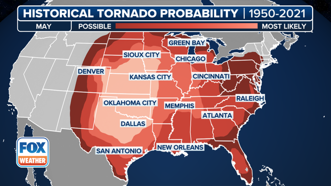 This graphic shows the historic tornado probability in May.
