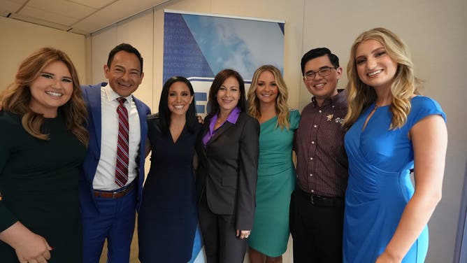 FOX Weather President Sharri Berg with FOX Weather meteorologists and recipients of the MSU scholarship.