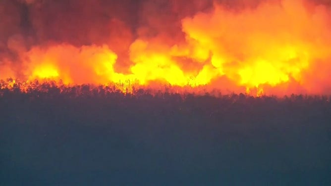 This image shows the flames from the Jones Road Wildfire burning in Ocean County, New Jersey, on Tuesday, April 22, 2025.