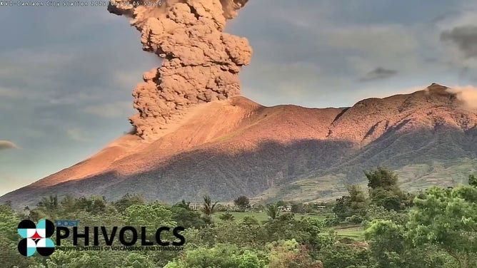 This image shows the the Kanlaon volcano on Negros Island in the Philippines during an eruption on Tuesday, April 8, 2025.