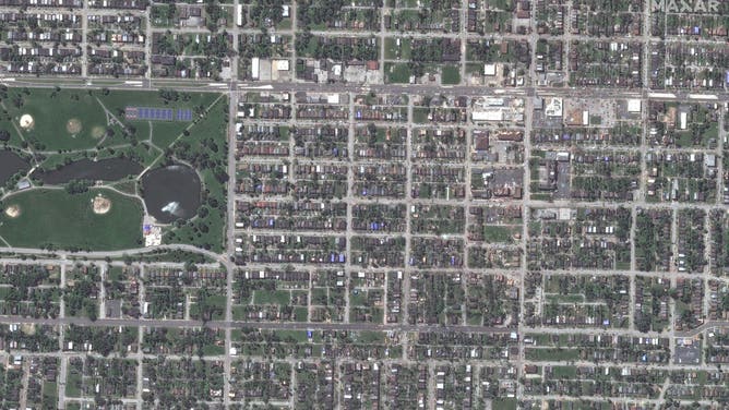 An image of the Fairgrounds area of St. Louis after a tornado on May 17, 2025.