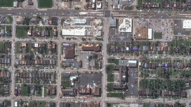 An image of the Natural Bridge Avenue area of St. Louis after a tornado on May 17, 2025.