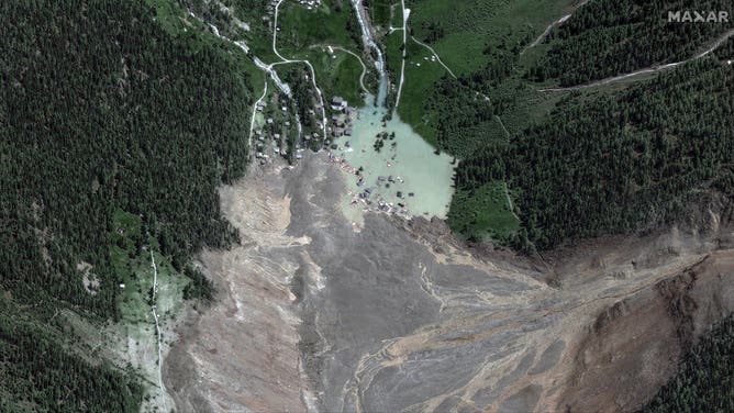 Satellite imagery from over Blatten, Switzerland, showing the aftermath of a large glacier collapse that buried the village under mud and debris on Wednesday.
