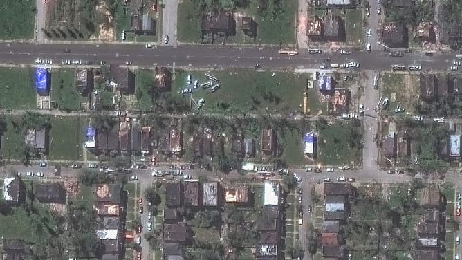 An image of the Lee Avenue area of St. Louis after a tornado on May 17, 2025.