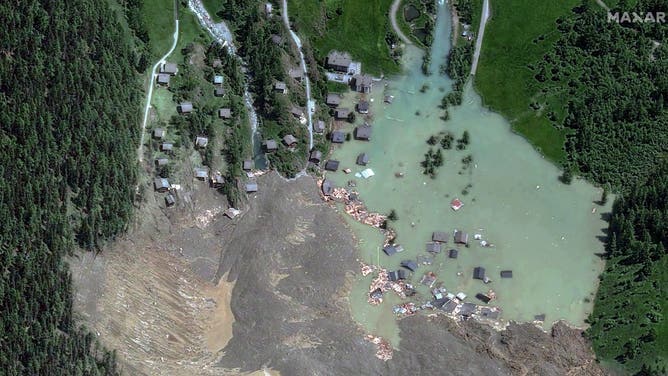 Satellite imagery from over Blatten, Switzerland, showing the aftermath of a large glacier collapse that buried the village under mud and debris on Wednesday.