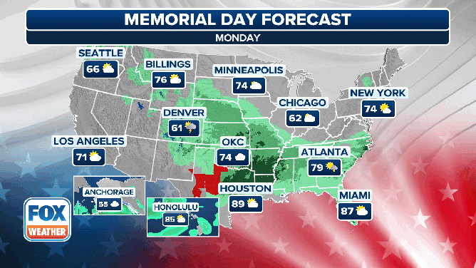 This animated graphic shows the forecast across the U.S. on Sunday, May 25 and Memorial Day