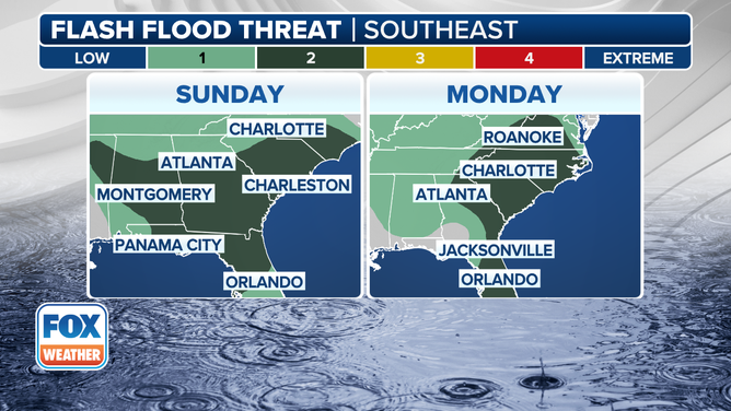 This graphic shows the flood threat on Sunday, May 11, and Monday, May 12.