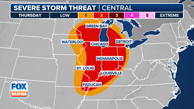 This graphic shows the severe storm threat on Thursday, May 15, 2025.