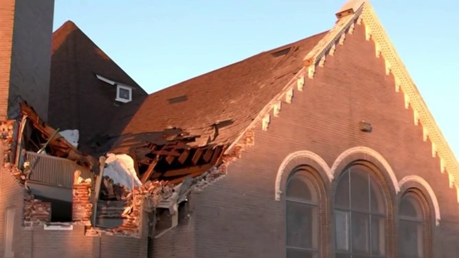 Some of the roof damage at Centennial Christian Church.