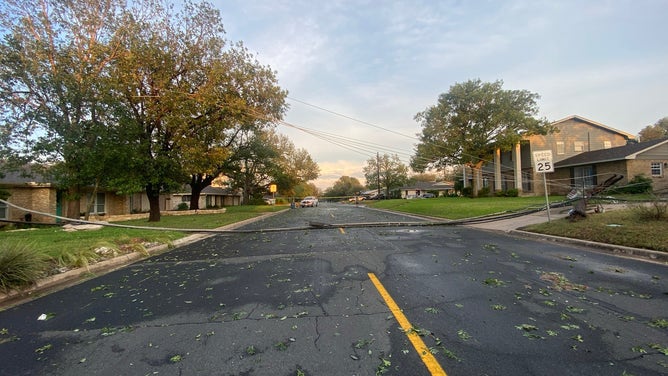 Wind from severe storms take down power lines in Austin on Wednesday, May 28, 2025.
