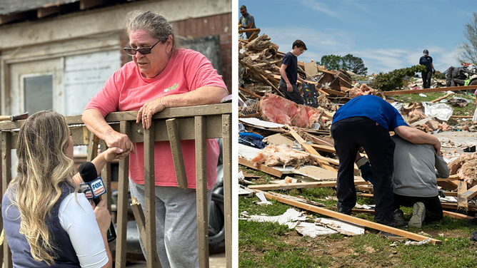 On left: FOX Weather's Katie Byrne talks to a London, Kentucky tornado survivor. On right: James Sexton is comforted by a family friend while cleaning up the debris of his house on May 18, 2025 in the community of Sunshine Hills outside of London, Kentucky.