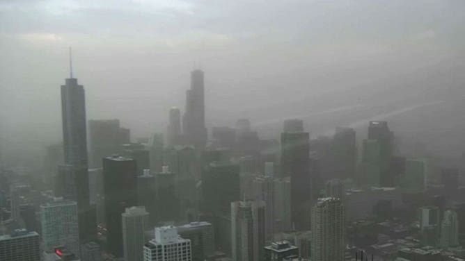 Hazy skies are seen over the skyline of Chicago, Illinois, during a dust storm May 16, 2025.