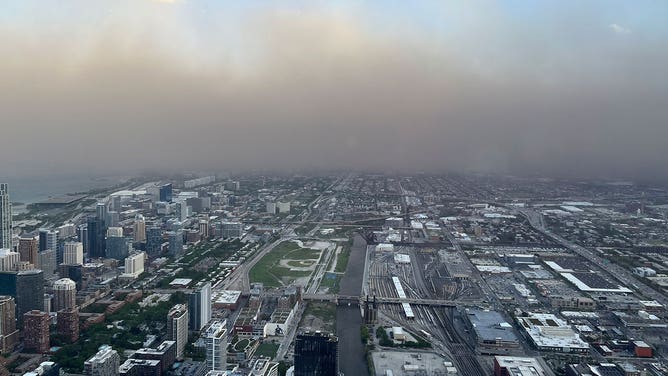 A dust storm moves through Chicago, Illinois, on May 16, 2025.
