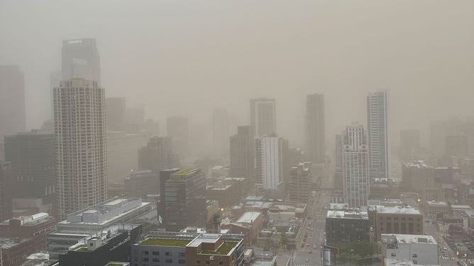 A dust storm moves through Chicago, Illinois, on May 16, 2025.