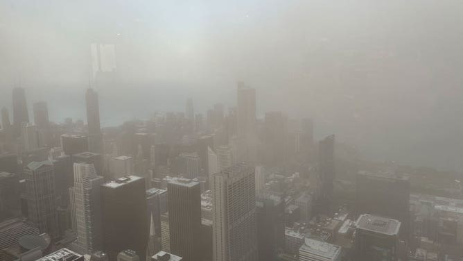 A dust storm moves through Chicago, Illinois, on May 16, 2025.