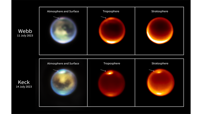 Using data from NASA’s James Webb Space Telescope and the ground-based Keck II telescope in Hawaii researchers said they were able to discern cloud formations over bodies of methane and ethane gasses.