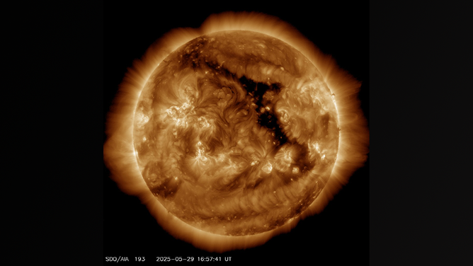 A dark area of the Sun known as a coronal hole seen on May 29, 2025. 