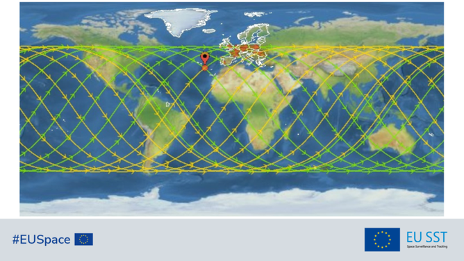 A map of the whole ground track.
Yellow lines: ground track before the centre of the re-entry window. Green lines: ground track after the centre of the re-entry window. Red: overflights inside European countries and overseas territories. Marker: centre of the predicted re-entry window.
Note: the possible re-entry locations lie anywhere along the yellow and green lines. The re-entry point is considered to be at an altitude of 80 km.