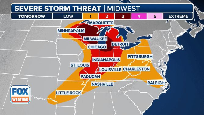 This graphic shows the severe weather threat on Thursday, May 15.