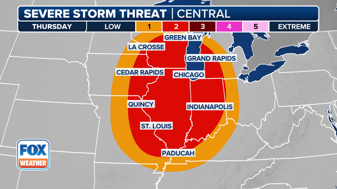 This graphic shows the severe weather threat in the Midwest and Ohio Valley on Thursday, May 15, 2025.