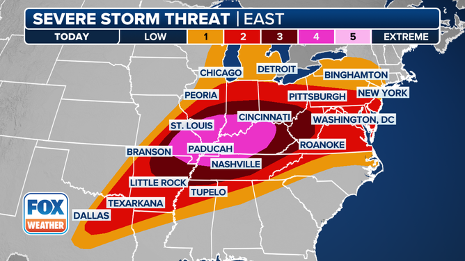 This graphic shows the severe weather threat for May 16, 2025.