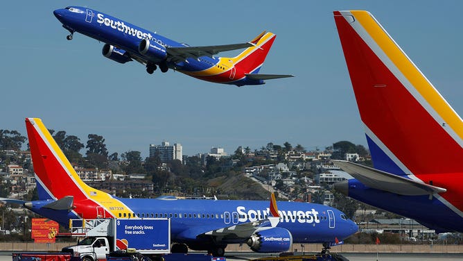 FILE: A Southwest Airlines Boeing 737 MAX8 departs from San Diego International Airport to Chicago on March 4, 2025 in San Diego, California.