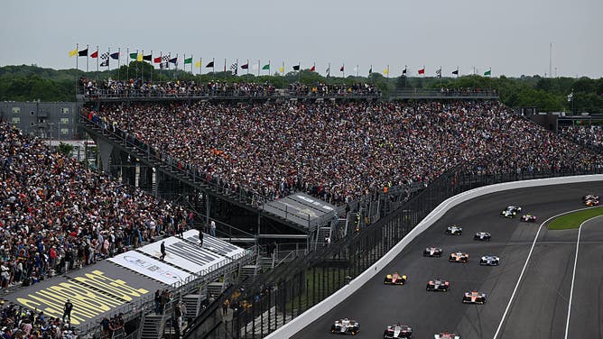 Robert Shwartzman #83 of PREMA Racing Chevrolet, Takuma Sato #75 of Rahal Letterman Lanigan Racing Honda, Pato O'Ward #5 of Arrow McLaren Chevrolet during the NTT IndyCar Series 109th Running of the Indianapolis 500 at Indianapolis Motor Speedway on May 25, 2025 in Indianapolis, Indiana.