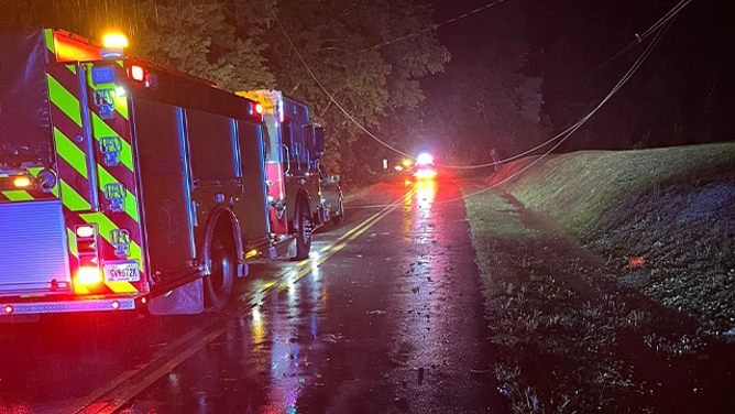 This image shows wires down across a roadway in Gordon County, Georgia, after severe weather on May 21, 2025.