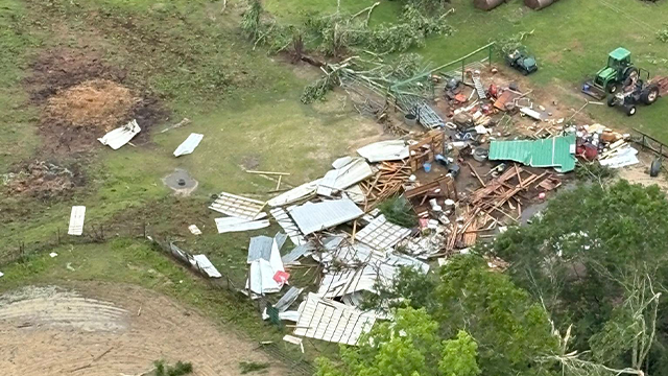This air photo shows on Saturday, May 10, 2025, damage caused by a likely Tornado in Holmes County, Florida.