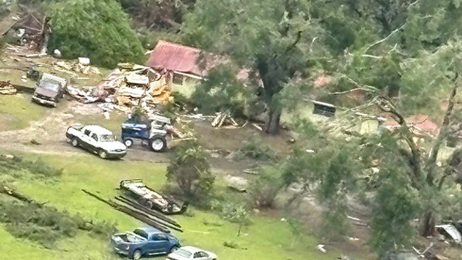 This air photo shows on Saturday, May 10, 2025, damage caused by a likely Tornado in Holmes County, Florida.