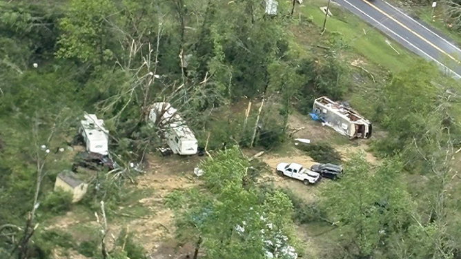 This air photo shows on Saturday, May 10, 2025, damage caused by a likely Tornado in Holmes County, Florida.