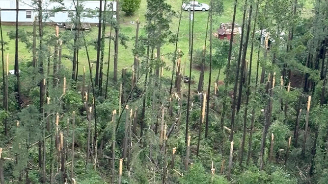This air photo shows on Saturday, May 10, 2025, damage caused by a likely Tornado in Holmes County, Florida.