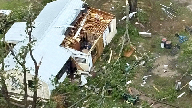 This air photo shows on Saturday, May 10, 2025, damage caused by a likely Tornado in Holmes County, Florida.