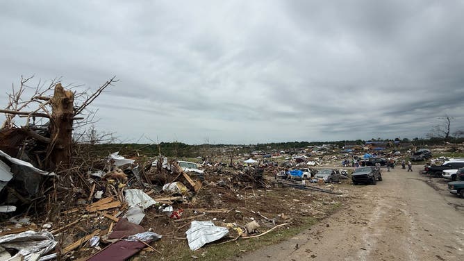 A wide photo shows the extensive damage in London, Kentucky following the deadly May 16, 2025 tornado.