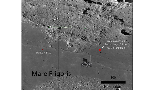 The ispace Resilience mission landing site in the Mare Frigoris on the Moon.