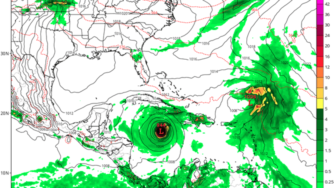 Erroneous GFS model forecast showing a hurricane impacting Jamaica on May 20, 2025.