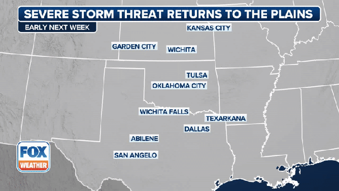 This animated graphic shows a severe weather threat starting on Sunday, May 18.