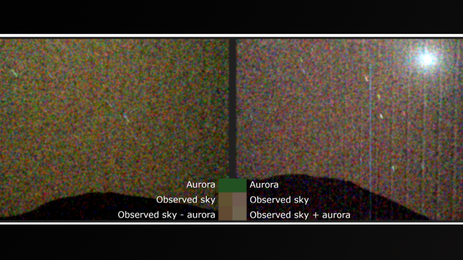 The first visible-light image of a green aurora on Mars, left, taken by NASA’s Perseverance rover. A comparison image, right, shows the night sky without the aurora but featuring the Martian moon Deimos. 