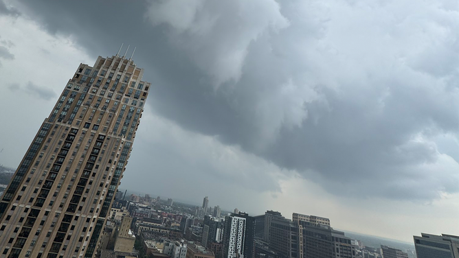 Ominous clouds implicit    downtown Minneapolis connected  Thursday, May 15, 2025.