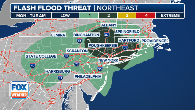This graphic shows the flash flood threat on Monday, May 5, 2025.