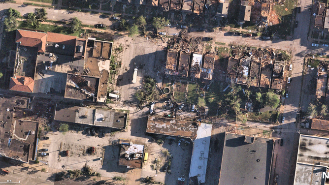 An image of a St. Louis neighborhood after the May 17, 2025, tornado.