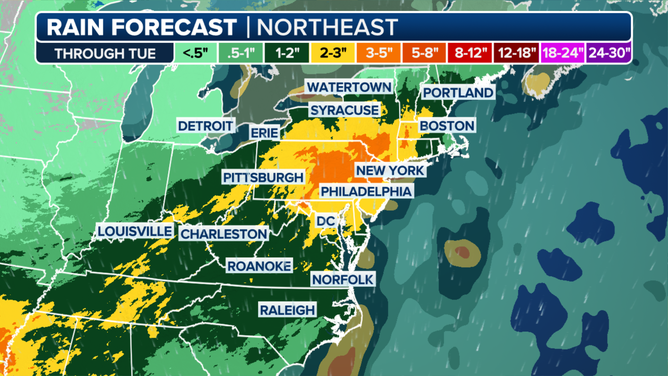 This graphic shows expected rain for the Northeast through Tuesday, May 6, 2025.