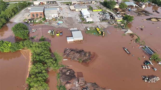 This drone image shows flooding in Purcell, Oklahoma, on Wednesday, April 30, 2025.