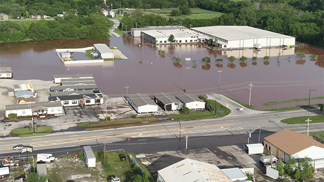 This drone image shows flooding in Purcell, Oklahoma, on Wednesday, April 30, 2025.