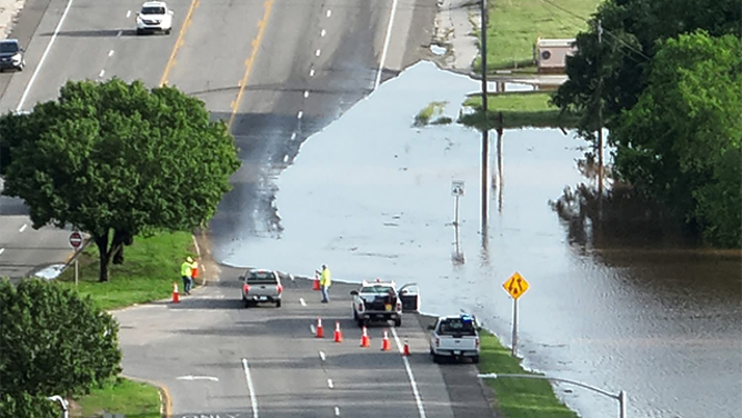 This drone image shows flooding in Purcell, Oklahoma, on Wednesday, April 30, 2025.