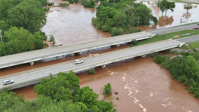 This drone image shows flooding in Purcell, Oklahoma, on Wednesday, April 30, 2025.