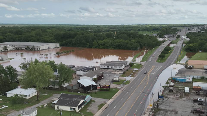 This drone image shows flooding in Purcell, Oklahoma, on Wednesday, April 30, 2025.