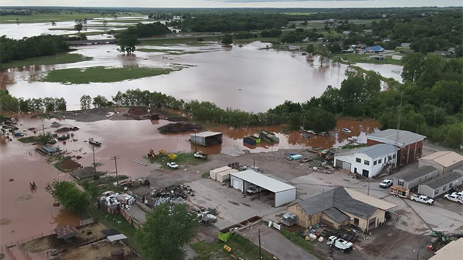 This drone image shows flooding in Purcell, Oklahoma, on Wednesday, April 30, 2025.